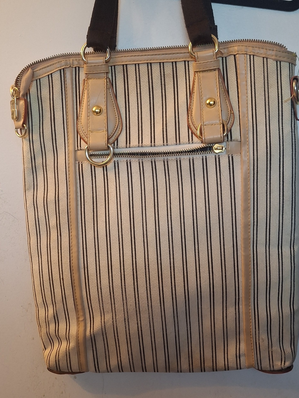 Striped Canvas Tote Bag with Leather Trim